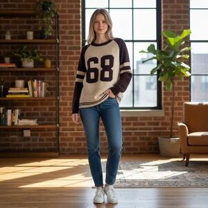 100% Cashmere Varsity “68” Sweater | Cream/Burgundy | Size M